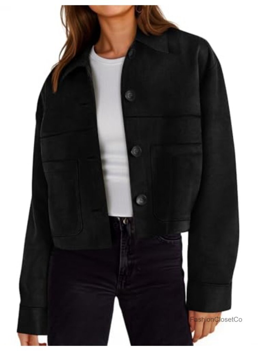 Faux Suede Cropped Jacket Button Utility Pockets Lightweight